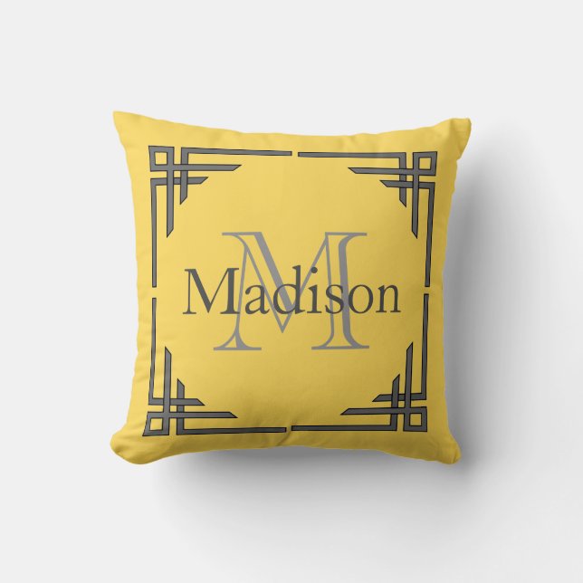 Mustard Yellow Grey Geometric Border Monogram Name Throw Pillow (Front)