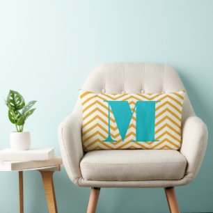 Mustard Yellow Ivory and Aqua Monogram Zig Zag Lumbar Pillow