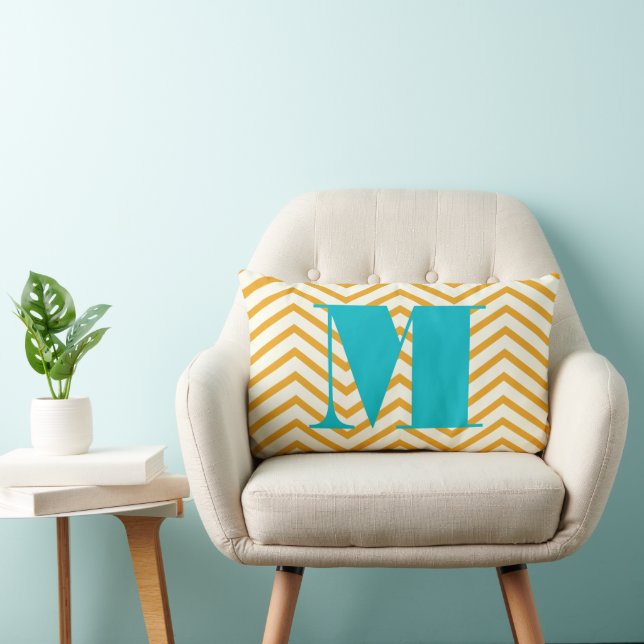 Mustard Yellow Ivory and Aqua Monogram Zig Zag Lumbar Pillow (Chair)