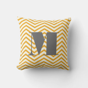 Mustard Yellow Ivory and Grey Monogram Zig Zag Throw Pillow