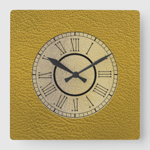 Mustard Yellow Leather w/ Gold and Roman Numerals Square Wall Clock