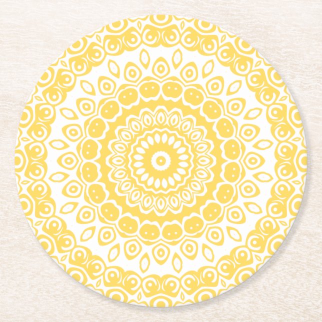Mustard Yellow Mandala Pattern Round Paper Coaster (Front)