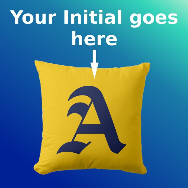 Mustard Yellow Minimal Navy Blue Initial Monogram Throw Pillow (Front with Background)