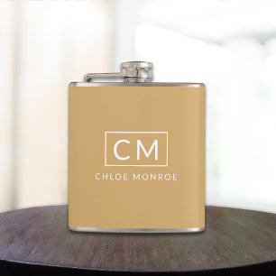 Mustard Yellow Minimalist Modern Monogram Name Hip Flask