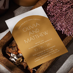 Mustard yellow modern typography arch wedding + QR Invitation