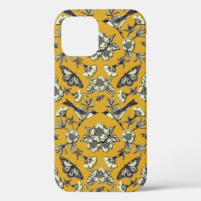 Mustard Yellow & Navy Birds, Butterflies & Flowers Case-Mate iPhone Case (Back)