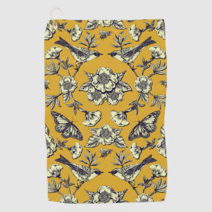 Mustard Yellow & Navy Birds, Butterflies & Flowers Golf Towel