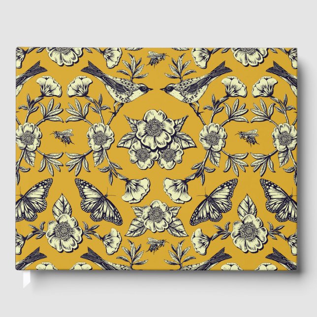 Mustard Yellow & Navy Birds, Butterflies & Flowers Guest Book (Front)