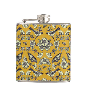Mustard Yellow & Navy Birds, Butterflies & Flowers Hip Flask