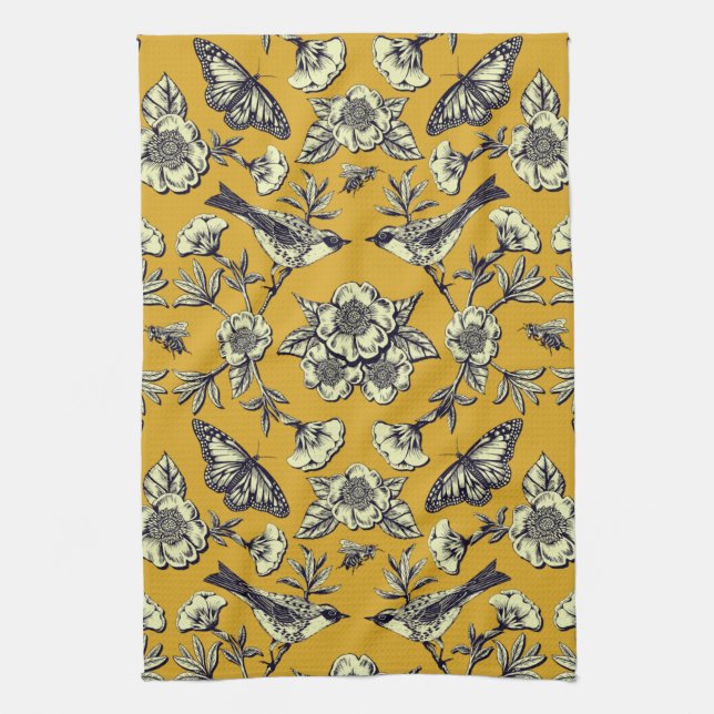 Mustard Yellow & Navy Birds, Butterflies & Flowers Kitchen Towel (Vertical)