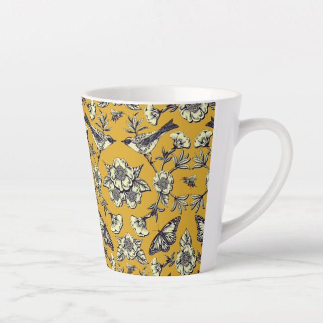 Mustard Yellow & Navy Birds, Butterflies & Flowers Latte Mug (Right)