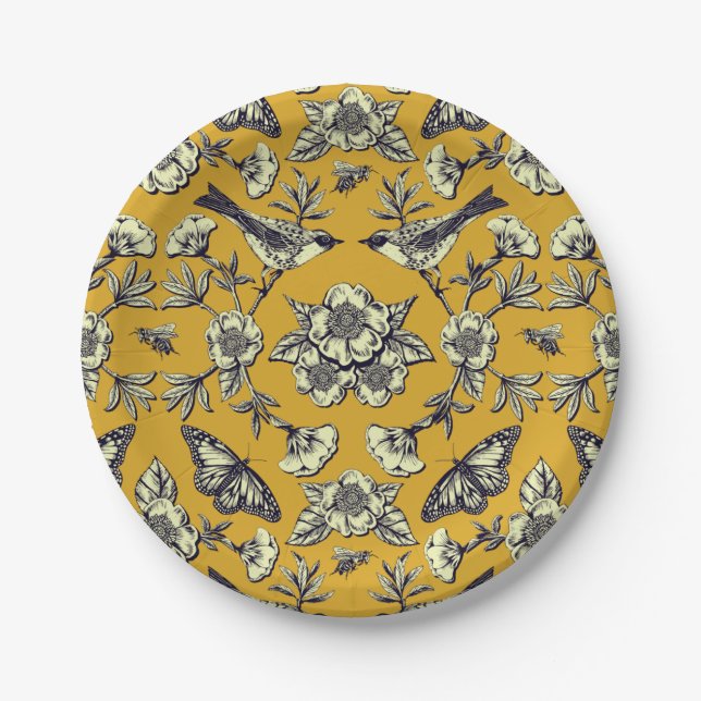 Mustard Yellow & Navy Birds, Butterflies & Flowers Paper Plate (Front)