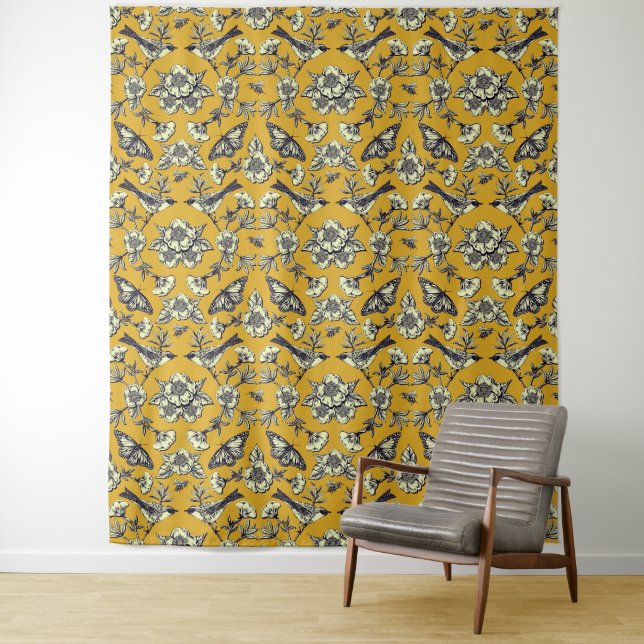 Mustard Yellow & Navy Birds, Butterflies & Flowers Tapestry (In Situ)