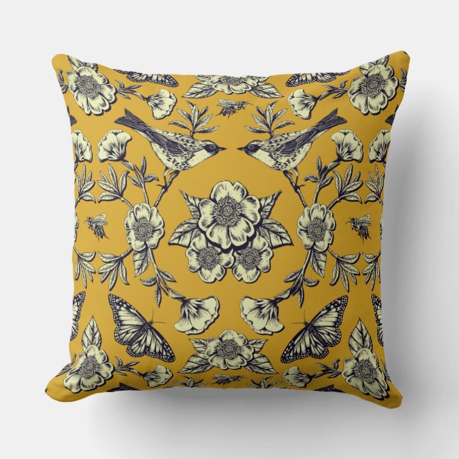 Mustard Yellow & Navy Birds, Butterflies & Flowers Throw Pillow (Front)