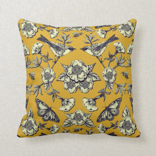 Mustard Yellow & Navy Birds, Butterflies & Flowers Throw Pillow