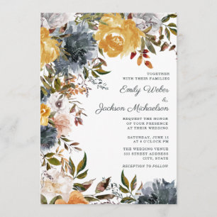 Mustard Yellow Navy Blue Watercolor Floral Wedding Invitation