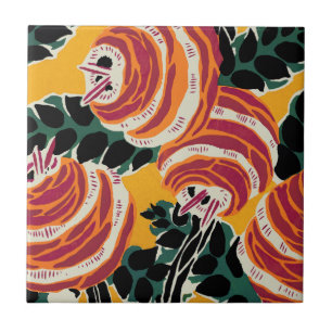 Mustard Yellow & Orange Art Deco Floral Decor Tile