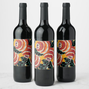 Mustard Yellow & Orange Art Deco Floral Decor Wine Label