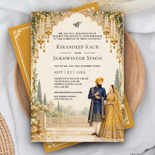 Mustard Yellow Palace Arch Sikh Wedding Invitation