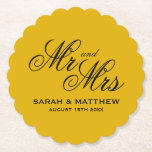 Mustard yellow personalized wedding coasters<br><div class="desc">Mustard yellow personalized wedding coasters. Elegant script typography template.</div>