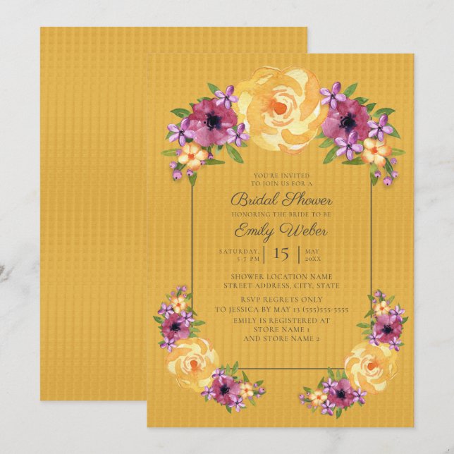 Mustard Yellow Purple Floral Bridal Shower Invite (Front/Back)