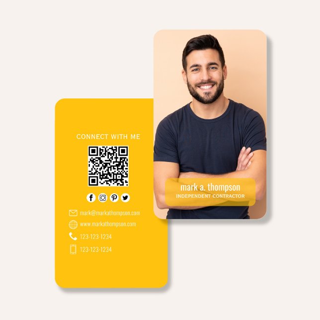 Mustard Yellow QR Code Photo Connect Modern Business Card (Bright mustard yellow QR code business card with photo and modern clean layout)