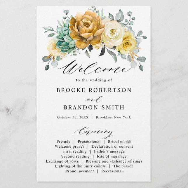 Mustard yellow sage greenery Wedding Program (Front)