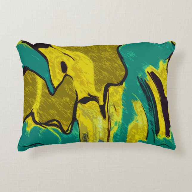 Mustard Yellow Teal Abstract Accent Pillow (Front)