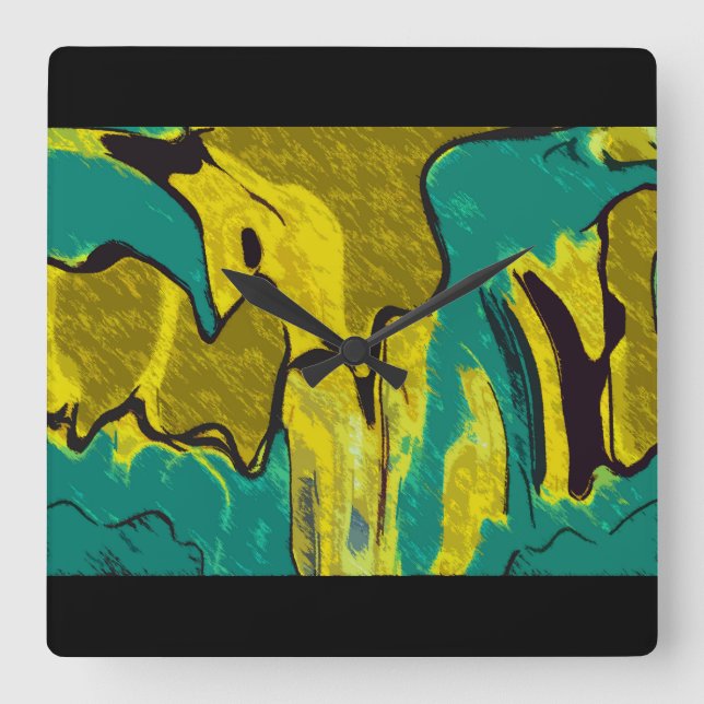 Mustard Yellow Teal Abstract Square Wall Clock (Front)