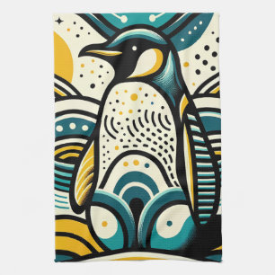 Mustard Yellow Teal Blue Penguin In Abstract Waves Kitchen Towel