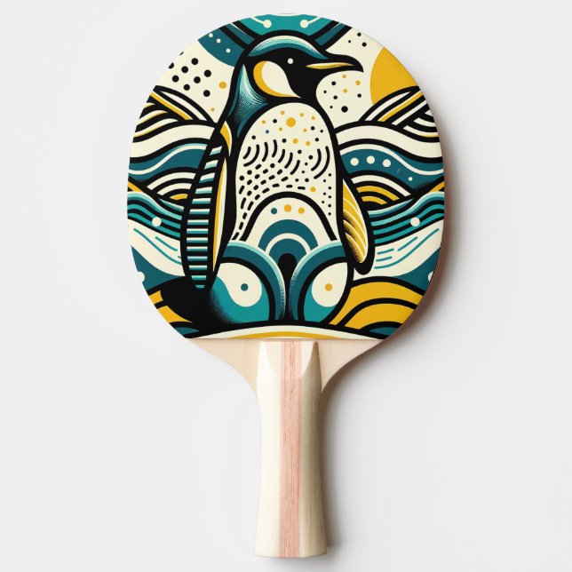 Mustard Yellow Teal Blue Penguin In Abstract Waves Ping Pong Paddle (Front)