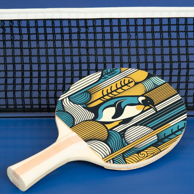 Mustard Yellow Teal Blue Penguin In Retro Geometry Ping Pong Paddle (Insitu)