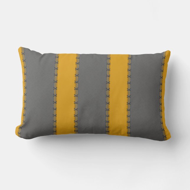 Mustard yellow vertical stripes, stitched on grey lumbar pillow (Front)
