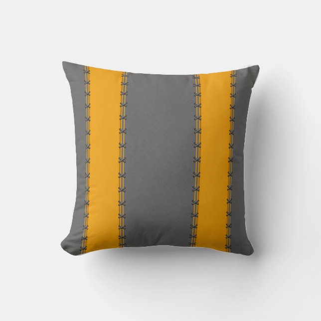 Mustard yellow vertical stripes, stitched on grey throw pillow (Front)