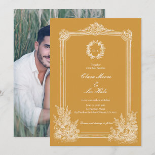 Mustard Yellow Vintage Ornate Frame Wedding Photo Invitation