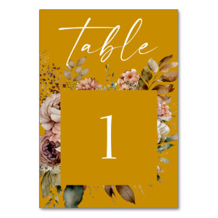Mustard yellow watercolor bloom floral wedding table number
