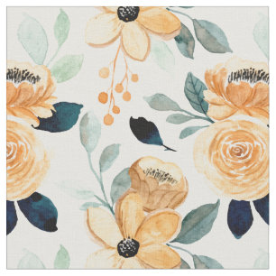 Mustard Yellow Watercolor Flowers Green Leaves Fabric