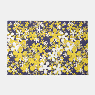 Mustard yellow, white, gold, navy blue, flowers doormat