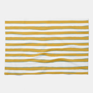 Mustard Yellow & White Hand-Painted Vertical Strip Kitchen Towel