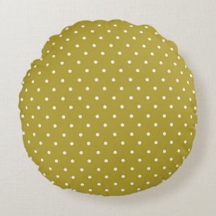  Mustard yellow white polka dots pattern  Round Pillow
