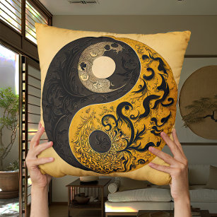 Mustard Yellow Yin and Yang Contemporary Throw Pillow