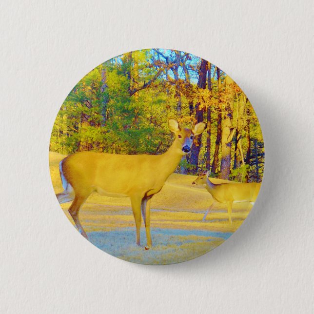 Musturd Coloured Deer with light blue 2 Inch Round Button (Front)