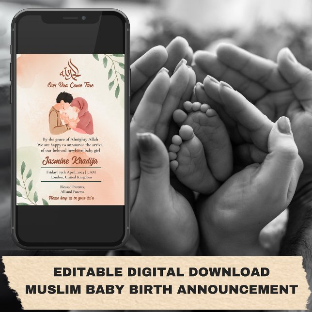 Musulmane Bébée fille Faire-part de naissance nouv (EDITABLE DIGITAL DOWNLOAD MUSLIM BABY BIRTH ANNOUNCEMENT
Muslim Baby Girl Birth Announcement New Pa)