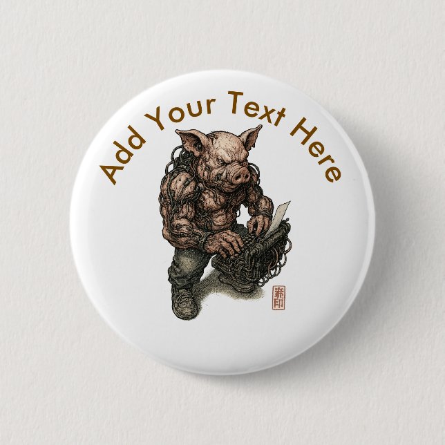 Mutant Pig Warrior – Cyberpunk Butcher with Chains 2 Inch Round Button (Front)