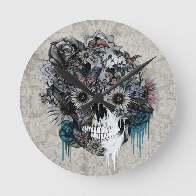 Mute, sunflower skull damask round clock (Front)