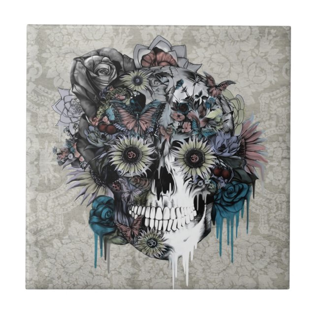Mute, sunflower skull damask tile (Front)