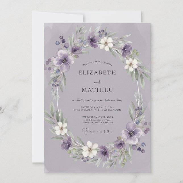 Muted Amethyst Wreath Wedding Invitation (Front)