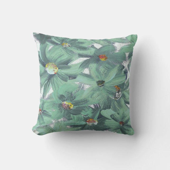 Muted Aqua Green Painted Flowers Any Colour  Throw Pillow (Front)