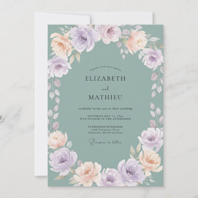 Muted Aqua Peony Wedding Invitation (Front)