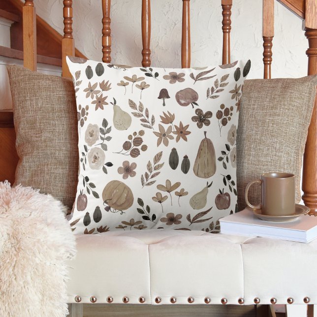 Muted Autumn Harvest Pumpkins and Foliage Throw Pillow (Autumn Harvest Pumpkins and Foliage Throw Pillow in Muted Colors)